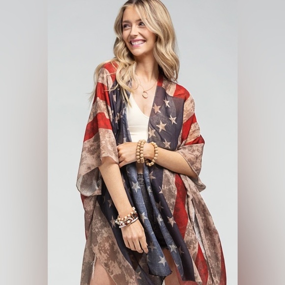 Ruggine American Flag Print 4th July Sheer Kimono Side Slits One Size - Picture 4 of 10